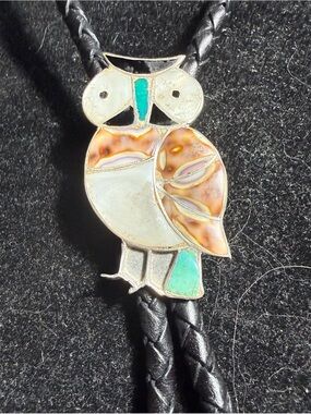 Zuni 2”Owl 925 Bolo Tie W/ 2 x 1”Owls On Leather Cord. Turquoise & Coral Inlay